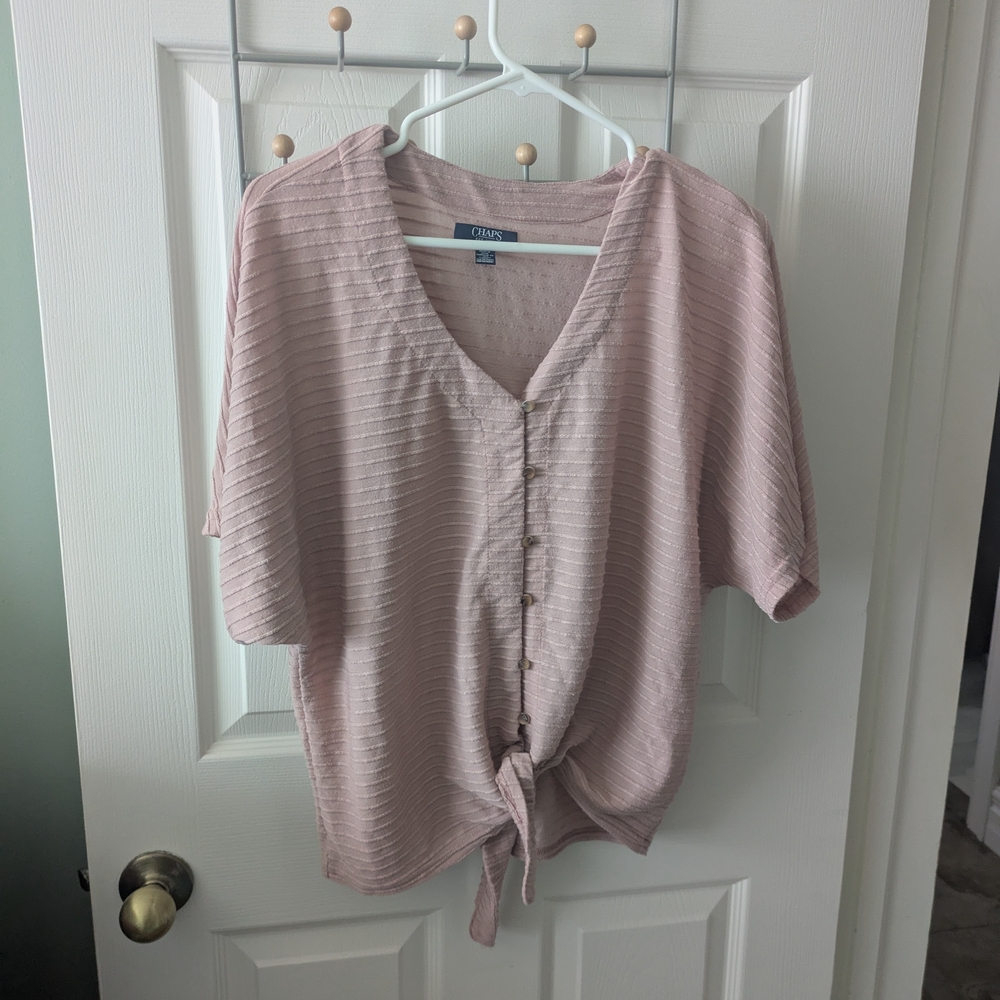 Chaps Cropped Blush Pink Button-Down Women's Top with Tie Front